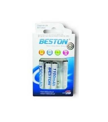 Kit Cargador Beston Con 2 Pilas Recargables Aa 1300Mah Y 2 Pilas Aaa 1100 Mah