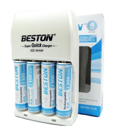 Kit Cargador Beston Con 2 Pilas Recargables Aa 1300Mah Y 2 Pilas Aaa 1100 Mah