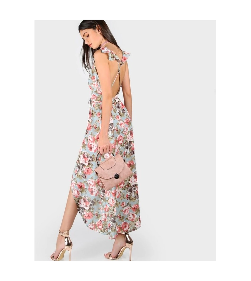 Vestido Asimétrico Espalda Cruzado Tela Estampada Floral Rosas - VALMARA