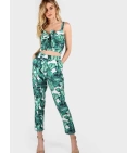 Conjunto Dos Piezas Para Mujer Pantalón Y Crop Top Print Hojas Tropicales - VALMARA