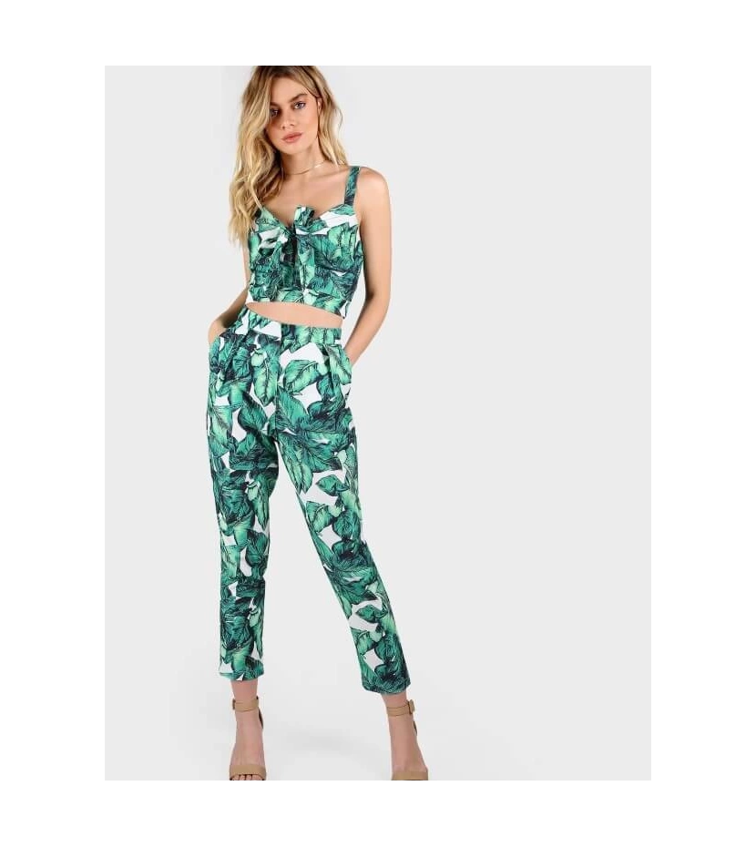 Conjunto Dos Piezas Para Mujer Pantalón Y Crop Top Print Hojas Tropicales - VALMARA