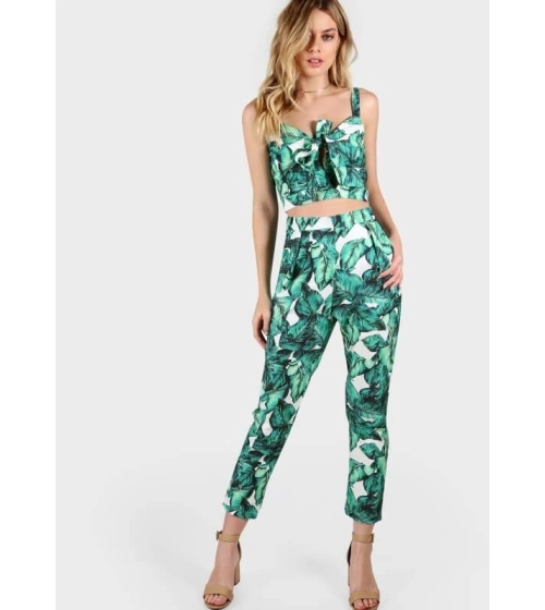 Conjunto Dos Piezas Para Mujer Pantalón Y Crop Top Print Hojas Tropicales