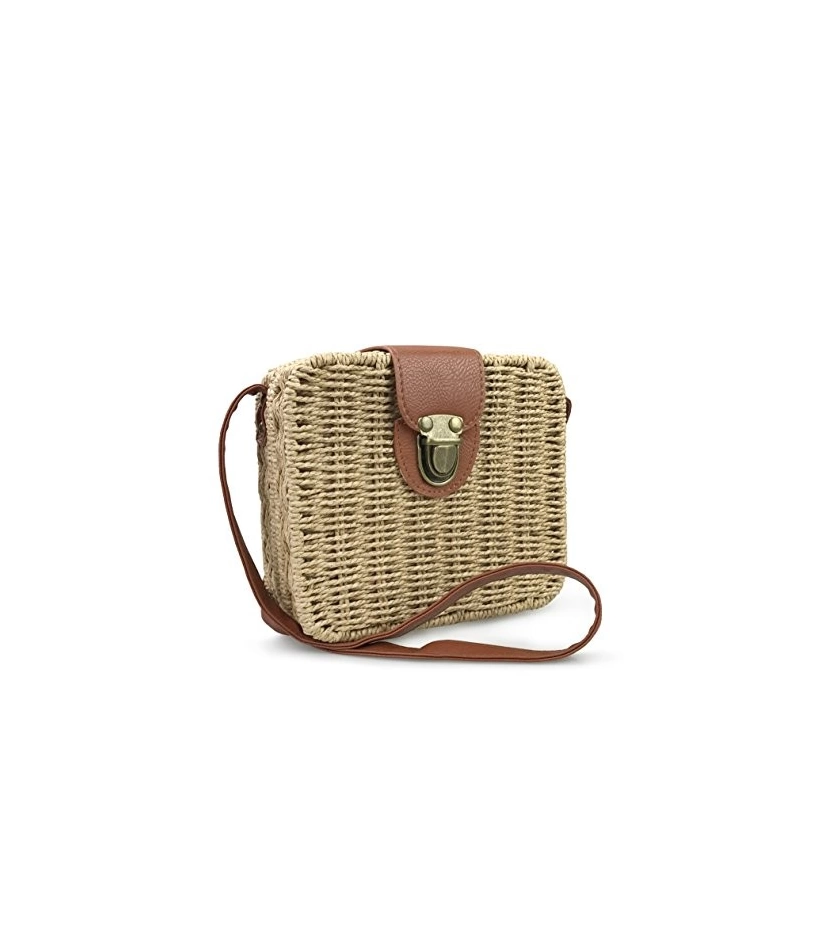 Bolso De Hombro Tejido Fibra Natural Paja Satchel Cuadrado Café - VALMARA