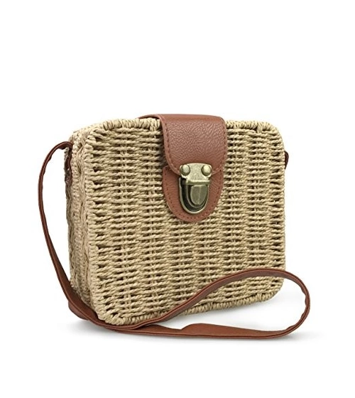 Bolso De Hombro Tejido Fibra Natural Paja Satchel Cuadrado Café