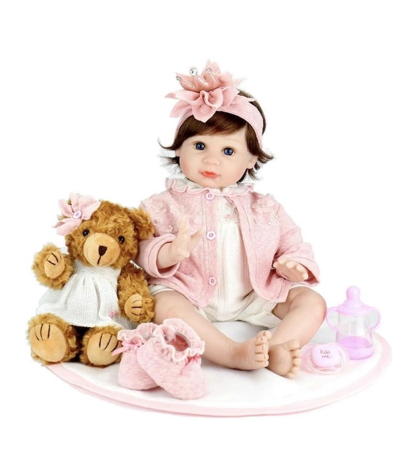 Muñeca Bebe Reborn Aori 22" Con Osito De Peluche - VALMARA