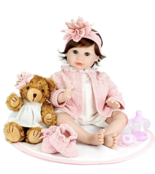 Muñeca Bebe Reborn Aori 22" Con Osito De Peluche