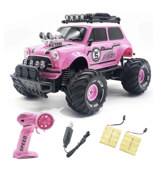 Carro Mini Cooper Monster Truk Rosado Para Batería Recargable