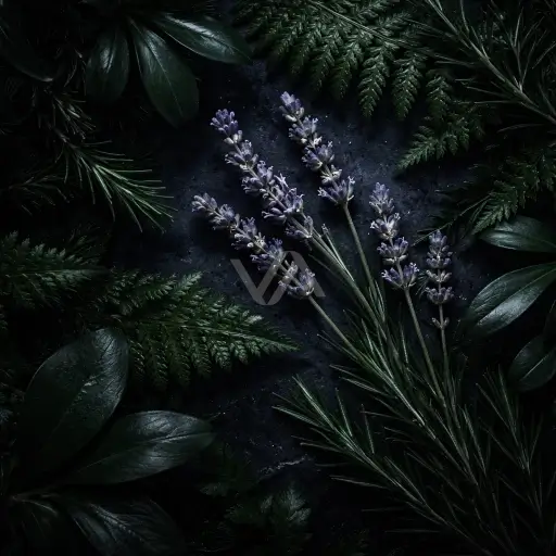 Acorde fougère en perfumería representado con helechos, hierbas aromáticas y matices verdes en una composición oscura y elegante