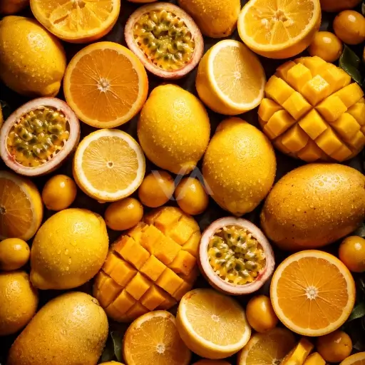 Frutas tropicales y cítricos amarillos en composición vibrante, que evocan un acorde tropical jugoso, soleado y exótico.