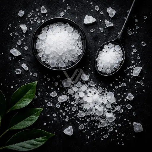 Acorde alcanforado representado con cristales blancos sobre fondo oscuro, en una composición fría, penetrante y medicinal.