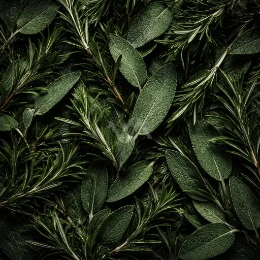 Acorde aromático en perfumería representado con hierbas frescas y hojas verdes sobre fondo oscuro, en una composición elegante y sensorial.