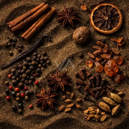 Acorde cálido especiado representado con canela, vainilla, resinas y especias sobre fondo oscuro, en una composición cálida, rica y envolvente.