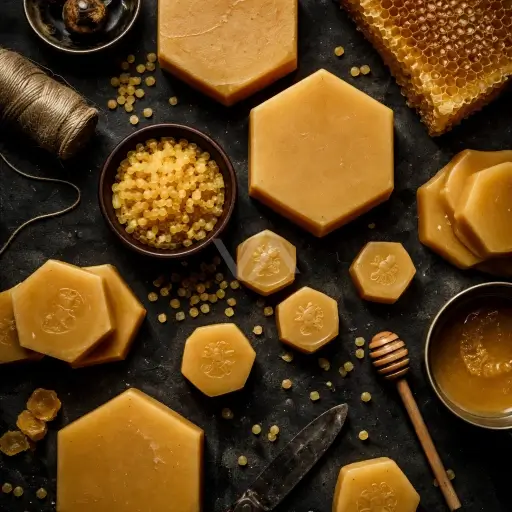 Acorde de cera de abeja representado con panal, miel y bloques de cera en una composición cálida, melosa y natural.