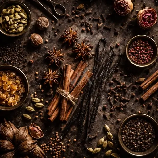 Acorde especiado representado con vainilla, canela, pimientas y especias aromáticas sobre fondo oscuro, en una composición cálida, intensa y envolvente.