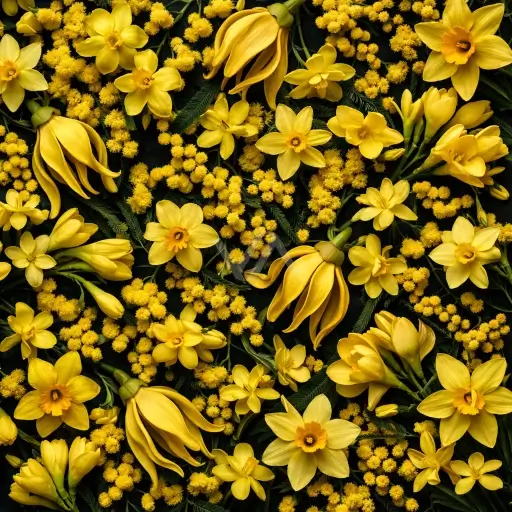 Acorde floral amarillo en perfumería representado con flores luminosas de tonos dorados, sensación solar, aterciopelada y radiante.