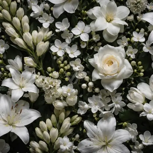 Acorde floral blanco en perfumería representado con una composición de flores blancas suaves y luminosas, de sensación limpia, cremosa y elegante.