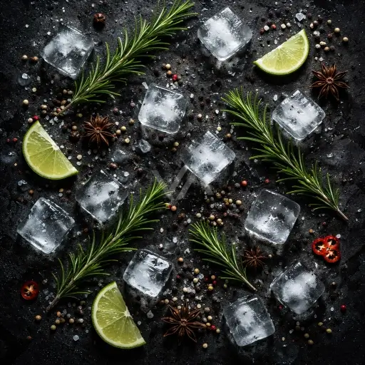 Acorde fresco especiado representado con hielo, limón, romero y especias sobre fondo oscuro, en una composición vibrante, aromática y refrescante.