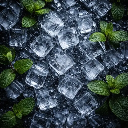 Acorde fresco representado con cubos de hielo y hojas de menta en una composición fría, limpia y revitalizante.