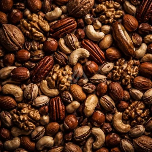 Frutos secos en composición natural, con textura crujiente y tonos cálidos tostados que evocan un acorde envolvente, seco y ligeramente cremoso.